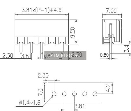 Разъемный клеммный блок на плату ZTM-ELECTRO ZCH381V-06P ( 15EDGVC-3.81-06P / 15EGTVC-3.81-06P ), вилка (M), 6 контактов, шаг 3.81 мм