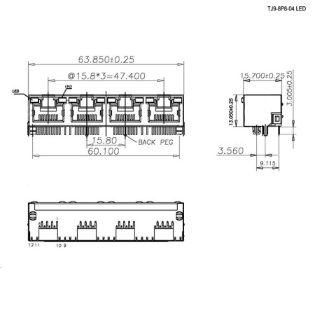Блок сетевых розеток RJ 8P8C FTP RUICHI c LED индекацией, 4 гнезда