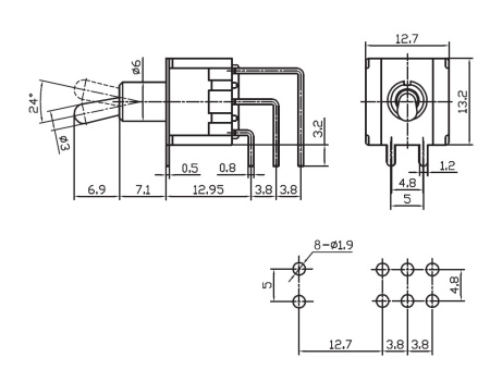 Микротумблер RUICHI MTS-202-C4, ON-ON, DPDT, 3 А, 250 В, 20 мОм, монтаж на плату, 6 контактов