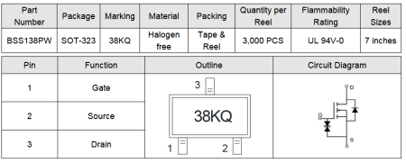 BSS138PW Elecsuper полевой транзистор (MOSFET), N-канал, 60 В, 0.3 А, 2.2 Ом, SOT-323