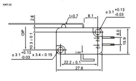 Микропереключатель с удлиненным рычагом RUICHI KW7-23, 15.9х10.3х27.8 мм, ON-(ON), SPDT 3P, 250 В, 5 А, 30 мОм, -25...+85 °C