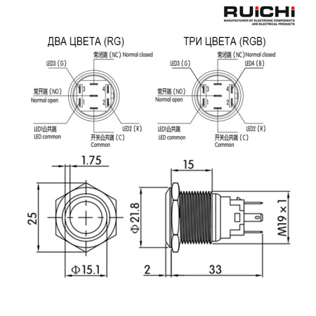 Кнопка антивандальная RUICHI GQ19B-10E/RG/N off-(on), рабочая температура -25…+55 °C, никелированная латунь, двухцветная (RG) подсветка