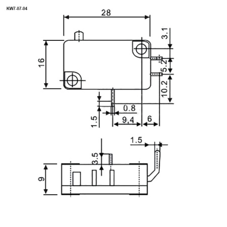 Микропереключатель RUICHI KW7-07-04, 15.9х10.3х27.8 мм, ON-(ON), SPDT 3P, 250 В, 5 А, 30 мОм, -25...+85 °C