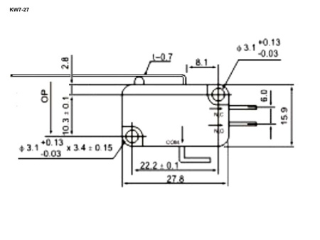 Микропереключатель с удлиненным рычагом RUICHI KW7-27, 16х10.5х28 мм, ON-(ON), 3P, 250 В, 5 А, 30 мОм, -25...+85 °C