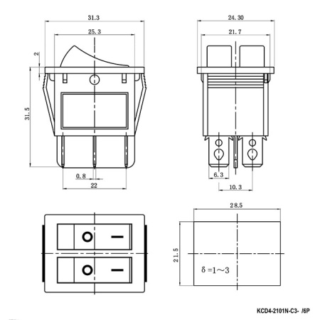 Клавишный переключатель RUICHI KCD4-2101N-C3-RG/6P, ON-OFF