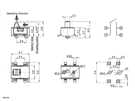 Микропереключатель RUICHI DS-015, 0.1 А, 30 В, 100 мОм, 50000 циклов, -40..+70°C