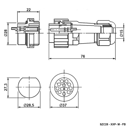 Разъём герметичный SZC28 12P-M-FB, 12 контактов