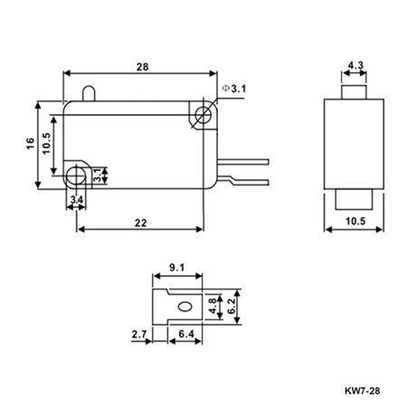 Микропереключатель RUICHI KW7-28, 16х10.5х28 мм, OFF-(ON), 2P, 250 В, 5 А, 30 мОм, -25...+85 °C