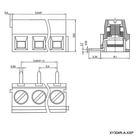 Винтовой клеммный блок RUICHI XY304R-A-03P на 2 клеммы M3.0, шаг 5 мм, лифт, 12 А, 26 - 14 AWG