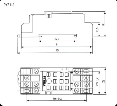 Колодка для электромагнитного реле RUICHI PYF11A для 4453(18F)-3, 10 А, 300 В, 11 клемм, 20-16 AWG/0,5-1,5 мм?, тип 3С
