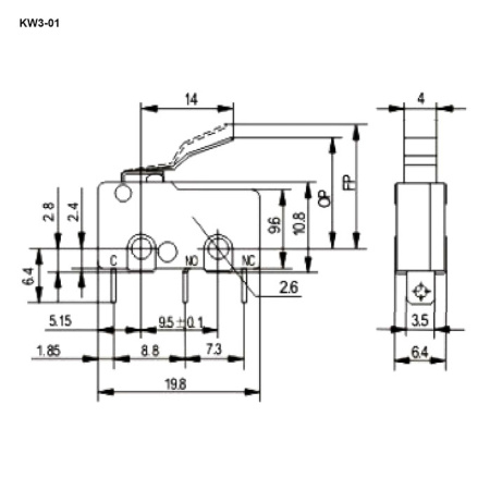 Микропереключатель с угловой планкой RUICHI KW3-01, 10.8х6.4х19.8 мм, ON-(ON), SPDT 3P, 250 В, 5 А, 30 мОм, -25...+85 °C