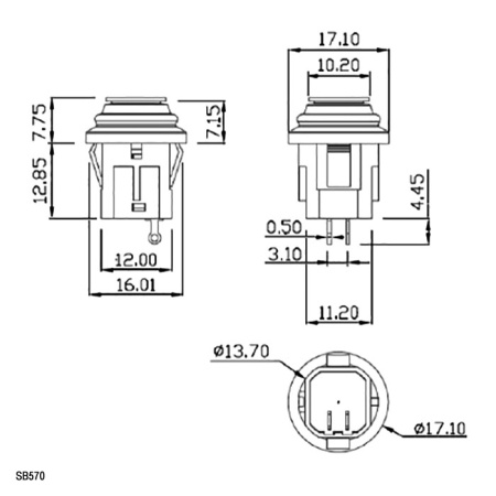 Кнопочный переключатель RUICHI SB570-G, IP65, ON-OFF, 2P, D-14 мм, 3 A, 250 В, 50 мОм,зеленый