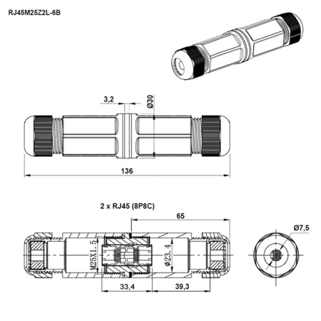 Разъём герметичный Ruichi RJ45M25Z2L-6B
