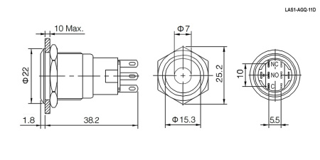 Кнопка антивандальная RUICHI LAS1-AGQ-11D/R/N, ON-(ON), рабочая температура -25…+55 °C, никелированная латунь