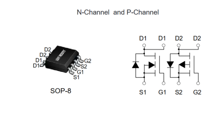 IRF7319 HXY полевой транзистор (MOSFET) N+P, 30 В / -30 В, 6 А / -5.5 А, 40 мОм, 5.2 нКл, SOP-8