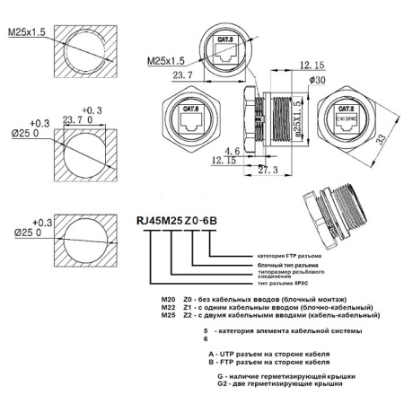 Разъём герметичный Ruichi RJ45M25Z0-6B