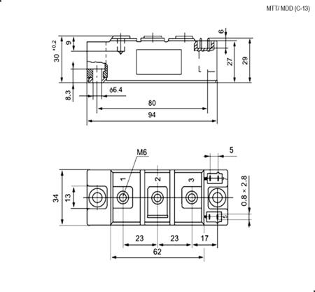 МТТ160-12 RUICHI Тиристорный модуль, полумост, 160 А,1200 В, 94 х 34 х 30 мм