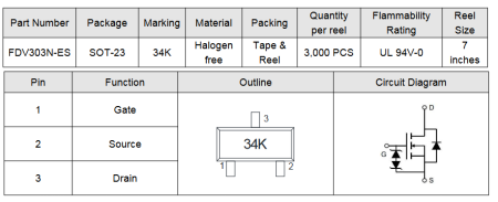 FDV303N Elecsuper полевой транзистор (MOSFET) N-канал, 20 В, 1.25 А, 0.3 Ом, 0.8 нКл, SOT-23