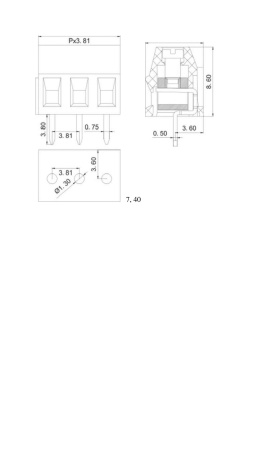 Винтовой модульный клеммный блок RUICHI RG381-3.81-02P ( DG381-3.81-02P / GT381-3.81- 02P ), на плату, 2 контакта, шаг 3.81 мм