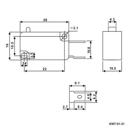 Микропереключатель RUICHI KW7-01-31, 16х10.5х28 мм, ON-(ON), SPST 2P, 250 В, 5 А, 30 мОм, -25...+85 °C