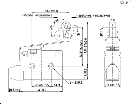 Выключатель путевой рычажный с поворотным роликом RUICHI AZ-7124, ON-(ON), SPDT, IP64, 10 А, 250 В, 15 мОм, пластик