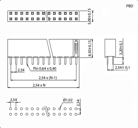 Гнездо для плат 2.54 мм RUICHI PBD 04, 4 контакта