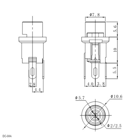 Разъём питания штырьковый RUICHI DC-04A, монтаж на плату