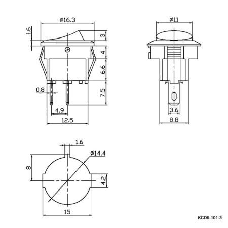 Клавишный переключатель RUICHI KCD5-101-3-C1-B/2P, ON-OFF, 2 контакта, черный