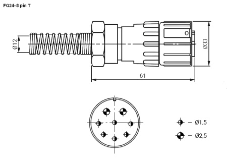 Разъём-вилка быстросъемный цилиндрический RUICHI FQ24-8pin TJ-12, 8-ми контактный, 25 А, 400 В, IP67, -55…+85 °С, корпус алюминиевый, контакт медный
