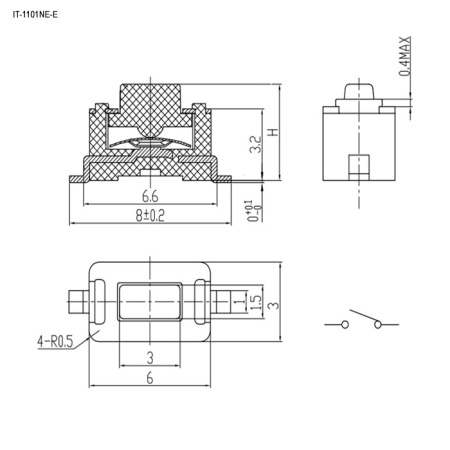 Тактовая кнопка RUICHI IT-1101NE-E, 6x3x4.3 мм, OFF-(ON), 50 мА, 12 В, 100 мОм