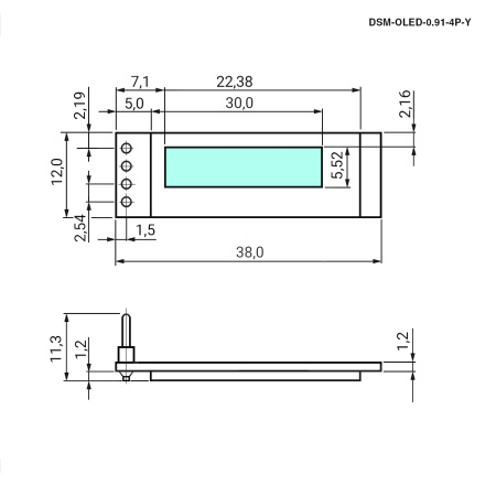 0.91-дюймовый модуль OLED-дисплей RUICHI, DSM-OLED-0.91-4P-Y, разрешение 128x32 пикселей, интерфейс I2C, драйвер SSD1306, желтый