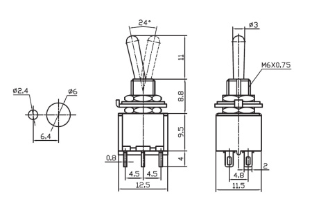Микротумблер RUICHI STM-202, ON-ON, SPDT, 6 А, 250 В, 20 мОм, установочное отверстие 6 мм, под пайку, 6 контактов