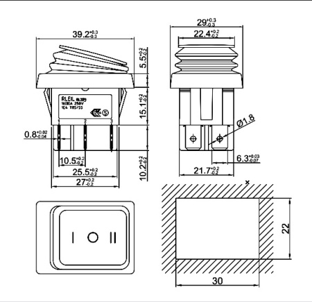 Клавишный переключатель RUICHI SB090, IP65, ON-OFF-ON, 22x30 мм