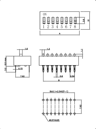 DIP-переключатель RUICHI DS-05, серия SWD 1-5, 25 мА, 24 В, 50 мОм, 5 (ON-OFF) с шагом 2,54 мм, 6.9х14.06х10 мм