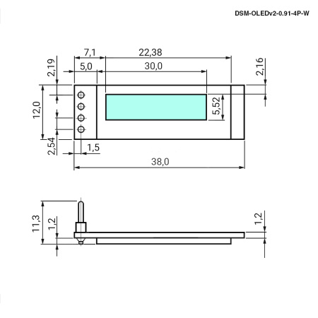 0.91-дюймовый модуль OLED-дисплей RUICHI, DSM-OLEDv2-0.91-4P-W, разрешение 128x32 пикселей, интерфейс I2C, драйвер SSD1306, белый