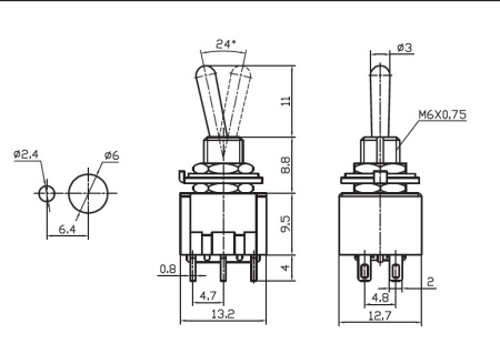 Микротумблер RUICHI MTS-203, ON-OFF-ON, DPDT, 3 А, 250 В, 20 мОм, установочное отверстие 6 мм, 6 контактов
