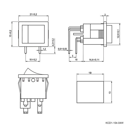 Клавишный переключатель RUICHI KCD1-104-04W ON-OFF 5A 250VAC 4 контакта, черный