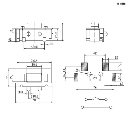 Тактовая кнопка RUICHI IT-1188E, 3.5x7.8x3.5 мм, OFF-(ON), SPST, 50 мА, 12 В, 100 мОм