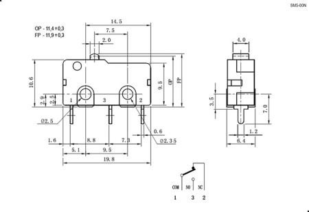 Микропереключатель RUICHI SM5-00N-116, ON-(ON) SPDT 3P, 3 А, 250 В