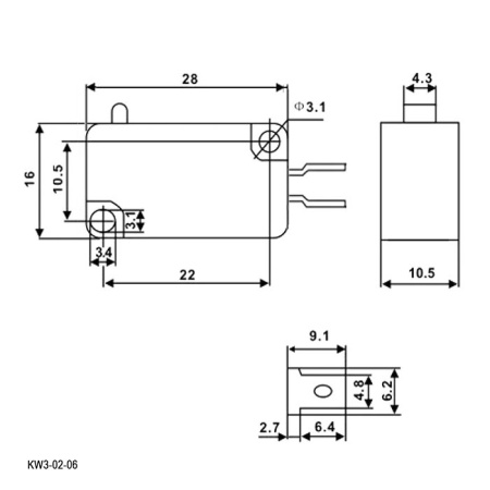 Микропереключатель RUICHI KW3-02-06, 19.8х10.3х27.8 мм, ON-(ON), SPST 2P, 250 В, 5 А, 30 мОм, -25...+85 °C